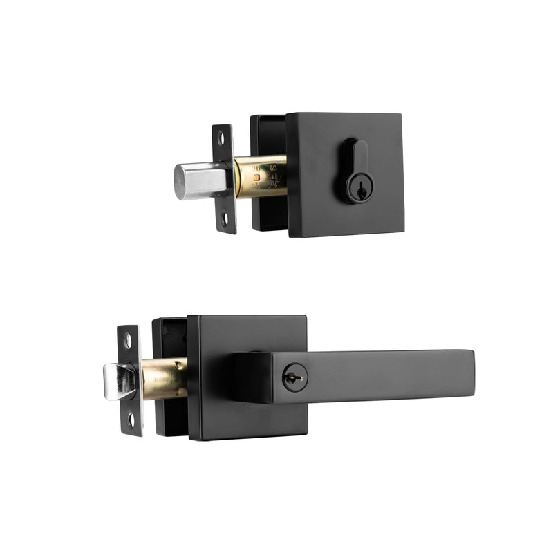NCL Keyed Entry Door Lever with Single Cylinder Deadbolt, Keyed Alike Heavy Duty Combination Set, Black Exterior Door Lock Set for Front Door 1 Simple Entry Matt Black