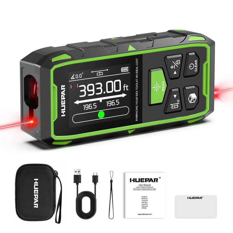 Huepar Professional Dual Laser Measuring Tool 393ft, Rechargeable Bilateral Laser Measurement Tool Backlit LCD, Digital Laser Distance Measure 6 Units, Multi Mode Length/Area/Volume/Angle Sensor