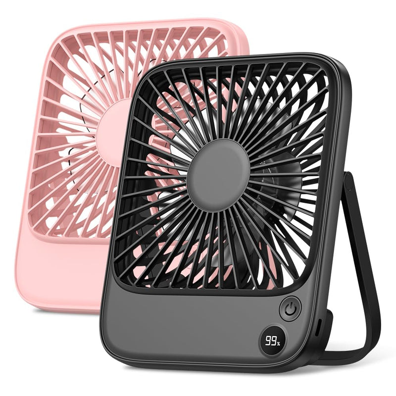 TOPK 2 Pack 5000mAh Portable Desk Fan, Ultra-Thin Rechargeable Battery Operated Fan with Digital Display, Quiet 4-Speed Small Personal Travel Fans for Office, Bedroom, Cruise, Outdoor Black & Pink