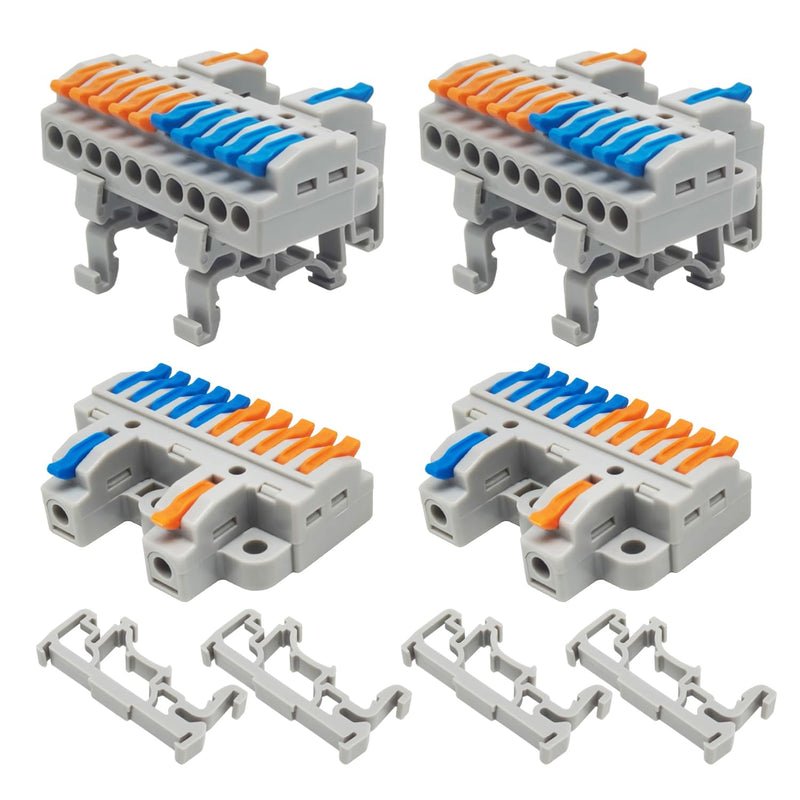 4PCS DIN Rail Terminal Blocks with 8PCS Removable Rail Clip Quick Wiring Cable Connectors Push-in Wire Connector for Circuit Inline 28-12AWG (2 in 10 Out) 2 IN 10 OUT