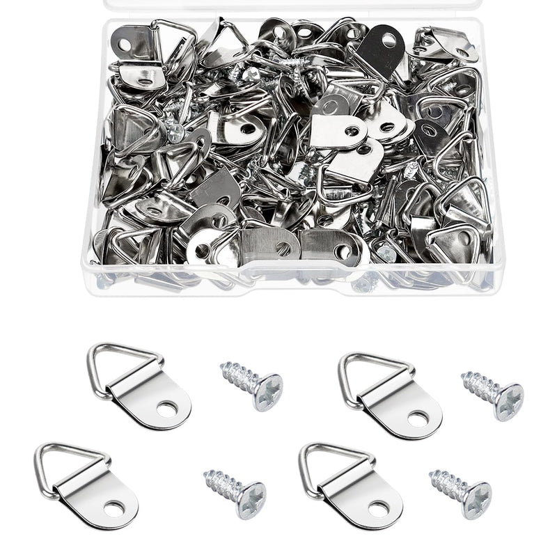 100 Pack Steel Picture Hangers with 100pcs 8mm Screws, Small Triangle Ring, Light Duty D Rings for Clock, Decoration, Mirror, Paintings, Artwork Picture Frame (Silver) Silver