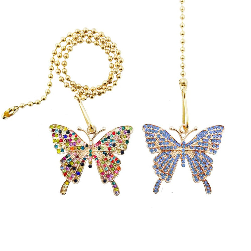 Ceiling Fan Extension Chain, Decorative Crystal Rhinestone Butterfly Ornaments Pendant, Light Lamp Chain Pull Extender String Cord for Girls Kids Decor Gifts（Blue & Assorted Color） Blue & Assorted