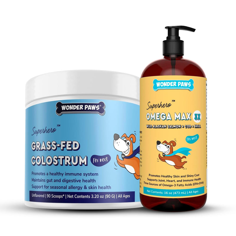 Grass-Fed Colostrum Powder Plus Omega Max Fish Oil - for Dog’s Immune Support, Skin, Allergies, Joint Care and Overall Health – Colostrum 3.20 Ounces - Omega Max 16 Ounces - PawsPlanet Australia