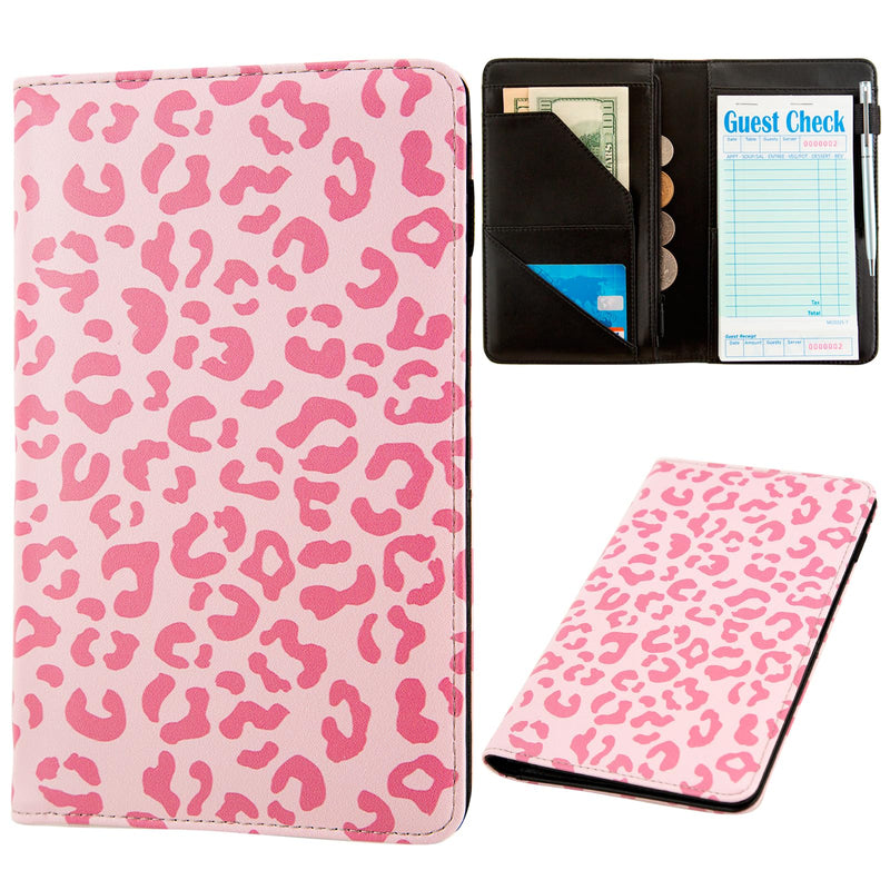 Server Book, Server Books for Waitress, Leather Server Book with Zipper Pocket, Cute Server Book, Waitress Book Fit Server Apron (Pink Leopard) Pink Leopard