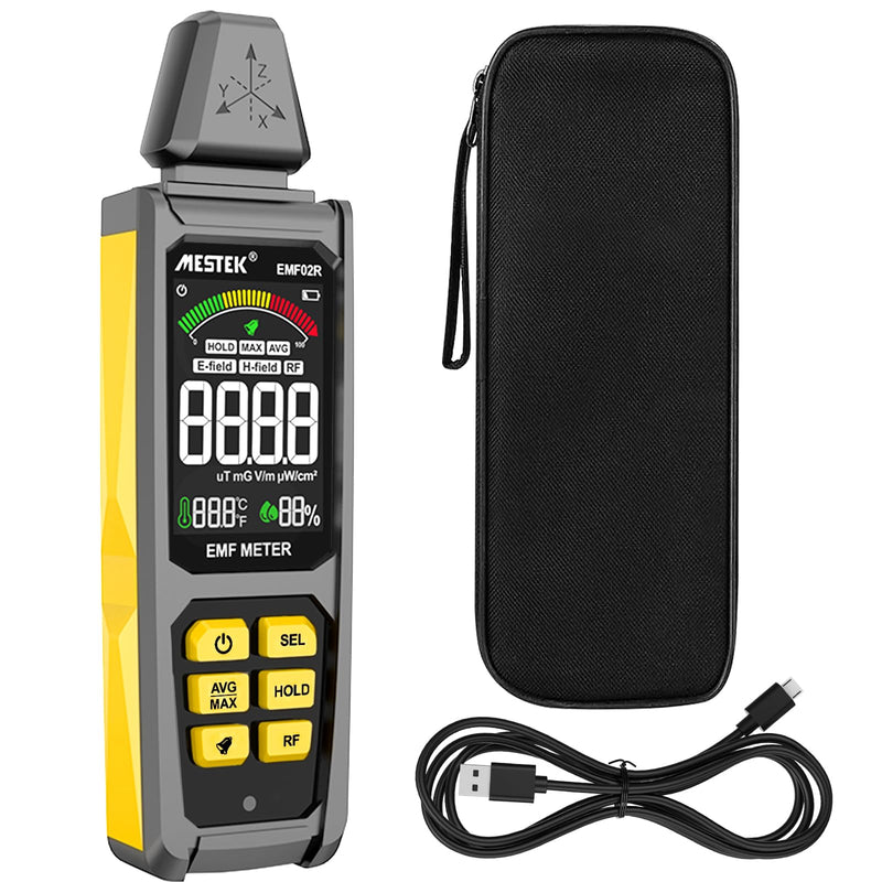 EMF Detector, MESTEK 5 in 1 EMF Meter Radiation Detector, Electric Field, Radio Frequency Field Temperature, Magnetic Field Strength Meter, Rechargeable EMF Reader Home EMF Detection and Ghost Hunting EMF02R-Yellow