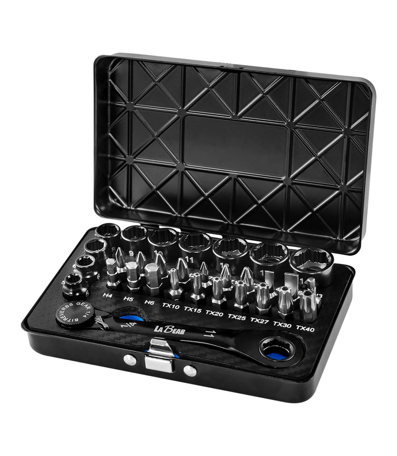 LABEAR Low Profile 2-in-1 Ratchet Wrench Set, 1/4" Bits & Sockets | 31pcs kit, Non-slip socket grip, 90T/120T dual ratchets, Supa-Grip profile, 18mm stubby reach, case included