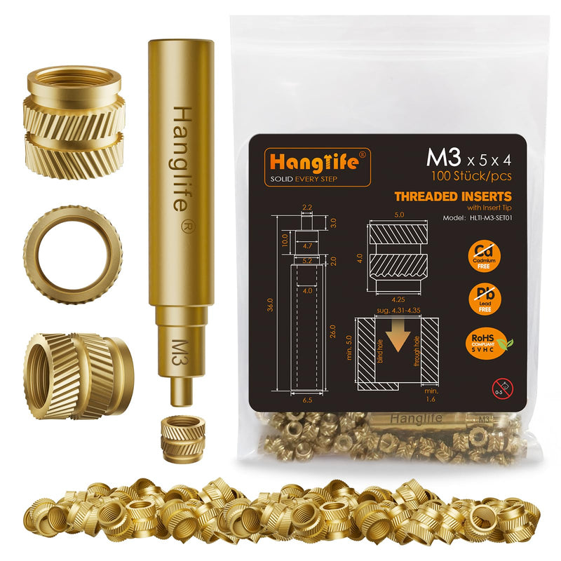 M3 Heat-Set Threaded Inserts with Insert Tip, Heat Set Insert for 3D Printing Components and Plastic Parts with Soldering Iron Press Tool - Brass Metric Knurled Nuts (100 Pieces) M3 x D5 x L4(100pcs)