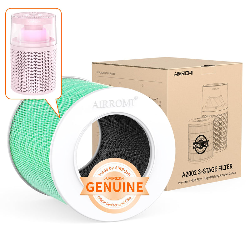 AIRROMI A2002 HEPA Air Purifier Replacement Filter, 3-In-1 Original Filter, Remove 99.97% of 0.3 Micron Particle Green Vocs (1pcs) AIRROMI A2002 Green Toxin Hepa Activated Carbon Filter