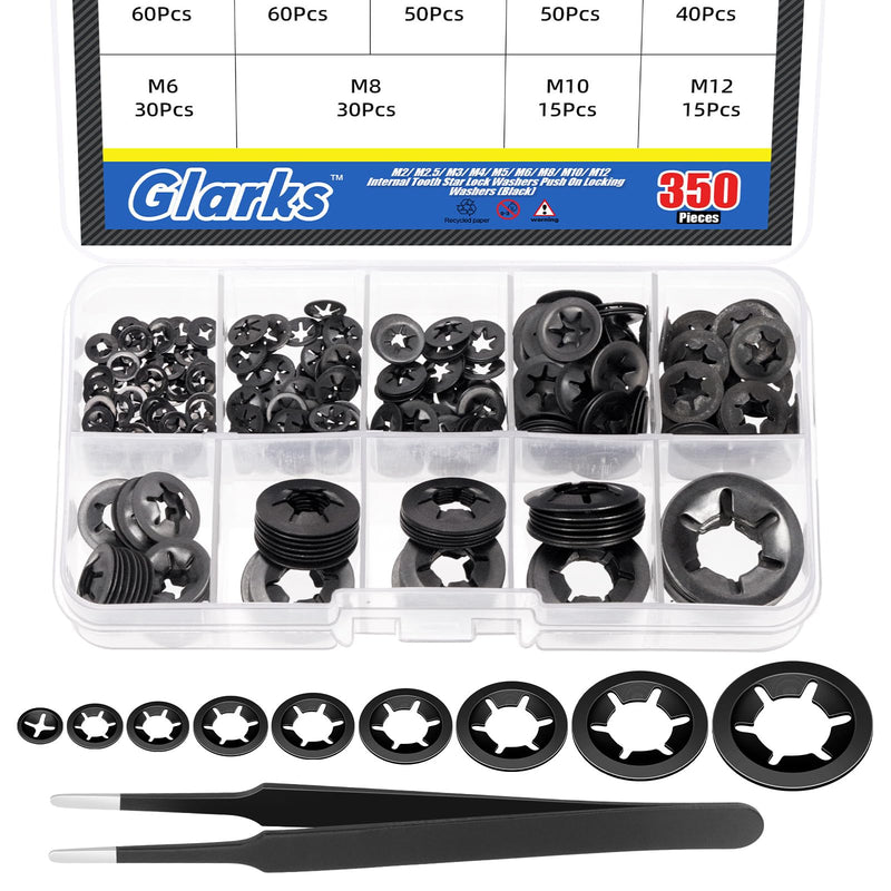 Glarks 351pcs 65Mn-Steel Internal Tooth Star Lock Washers Assortment Kit M2 M2.5 M3 M4 M5 M6 M8 M10 M12 Quick Speed Locking Washers Push on Locking Washers