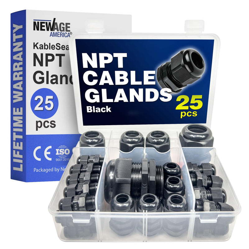 New Age America® 25pcs NPT Cable Glands Kit KableLock™ | 1/4" to 1-1/4" | Black | Nylon Cord Grip Strain Relief | Adjustable Locknut Cord Grip | IP68 Waterproof | NPT 1/4", 3/8" 1/2", 3/4", 1", 1-1/4" 25 PCS | 1/4" - 1-1/4"
