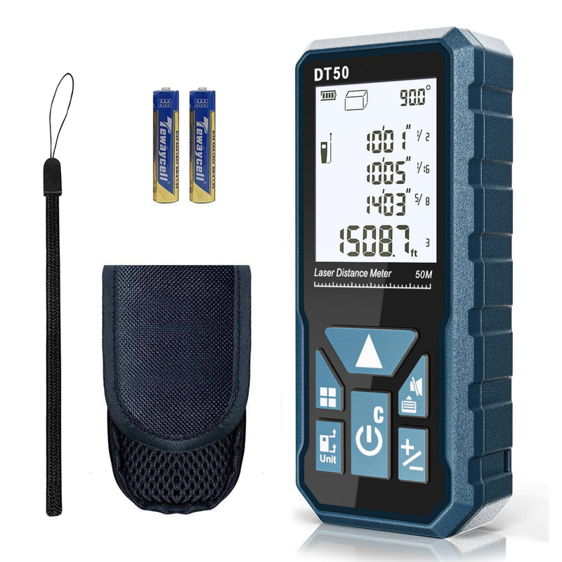 Laser Measure 165ft 330ft DT50 DT100 Gen-2 Laser Distance Meter 50M Portable Handle Digital Measure Tool Range Finder Larger Backlit LCD 4 Line Display IP54 Shockproof DT50 GEN-2