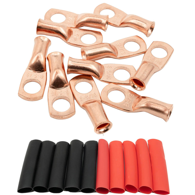 10PCS 8 AWG-5/16" Wire Lugs - 8 Gauge Battery Cable Lugs, Copper Terminal Connectors, Ring Terminals, Marine Grade - with 10pcs 3:1 Heat Shrink Tubing 8 AWG - 5/16''(M8)