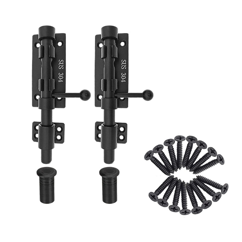 Slide Bolt Gate Latch Thickened Heavy Duty Door Latch Lock 304 Stainless Steel Barrel Bolt Lock Black Solid Gate Lock Door Latches Hardware with Screws and Dust Canister 6in 2pc