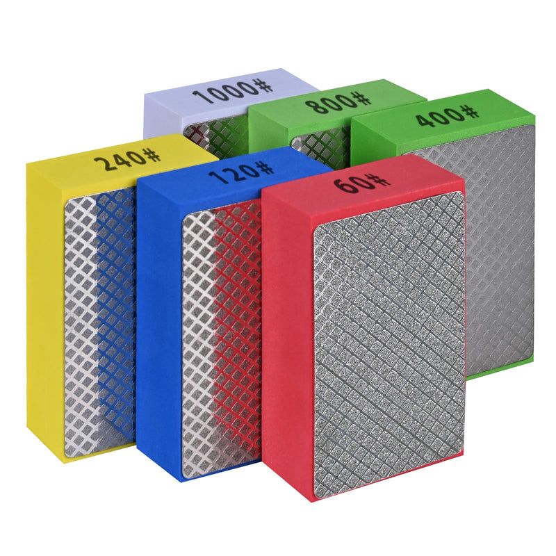 6pcs Diamond Hand Polishing Pads Foam Backing Sanding Blocks, Diamond Polishing Pads for Ceramic Tile Glass Wood Marble Grinding, Diamond Sanding Pads 60#,120#,240#,400#,800#,1000# 6PCS