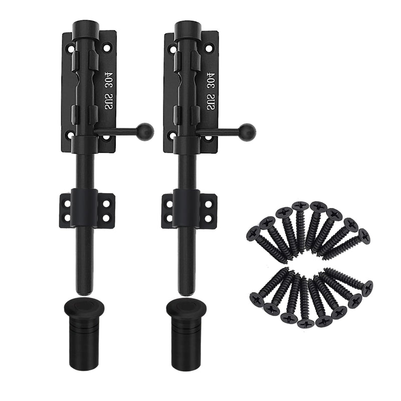 Slide Bolt Gate Latch Thickened Heavy Duty Door Latch Lock 304 Stainless Steel Barrel Bolt Lock Black Solid Gate Lock Door Latches Hardware with Screws and Dust Canister 8in 2pc