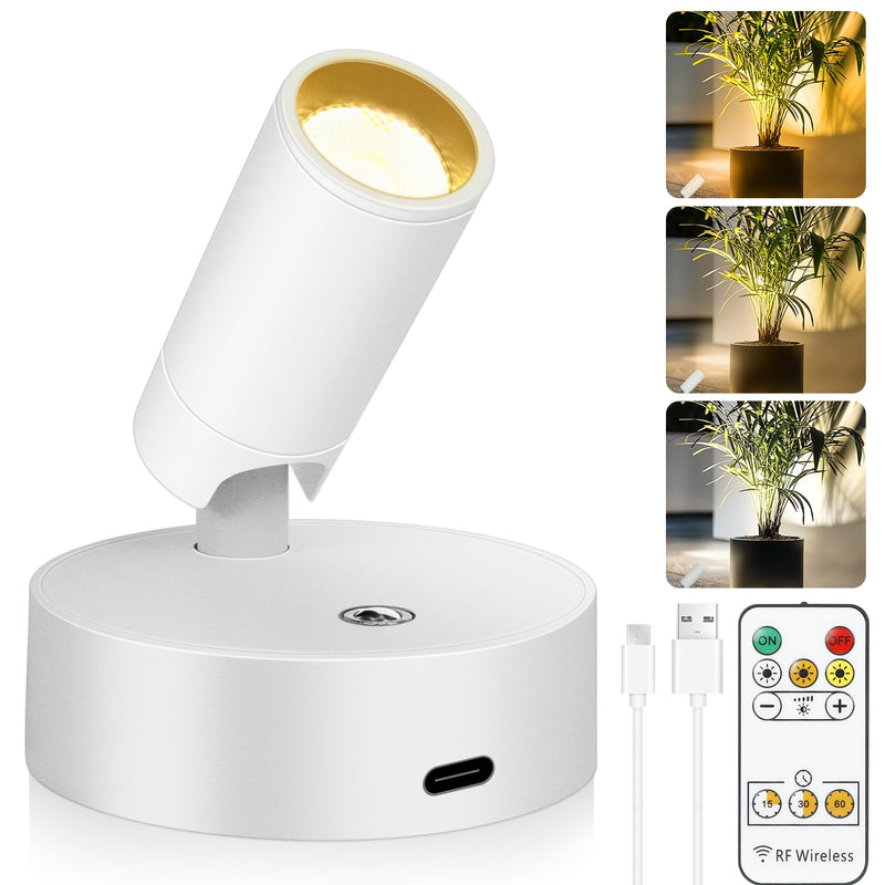 Wireless LED Spot lights Indoor Battery Operated with Remote, Rechargeable Up lights Indoor with Timer＆Dimmable, 3CCT Picture Lights for Wall, SpotLights Accent Uplighting for Plant, Artwork -White White 1 Pack