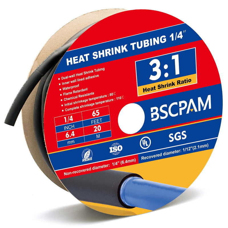 1/4" Heat Shrink Tubing, 65FT Marine Grade 3:1 Shrink Ratio Shrink tubing, Adhesive Lined Heat Shrink Tube, 1/4 Waterproof Shrink Tube for Wires Home Automotive-Black 1/4"(6.4mm) 65Ft(20m)