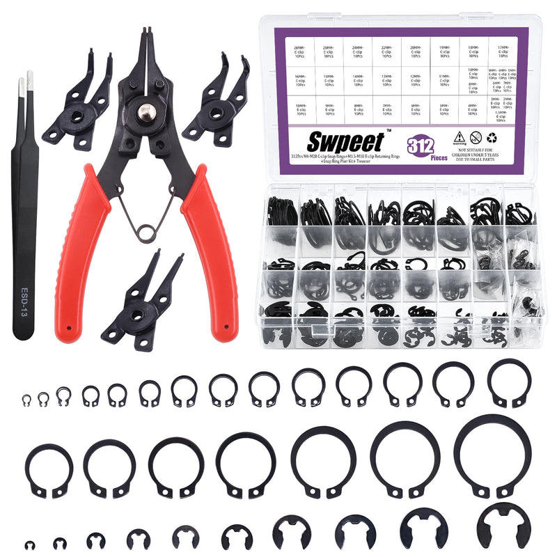 Swpeet 312Pcs 4 in 1 Snap Ring Pliers with Alloy Steel M4-M28mm C-clip External Retaining Rings Snap Rings and 1.5mm-10mm E-clips Retaining Rings Assortment Kit, Included Tweezer for Pin Clips Repair Snap Ring Plier Kit