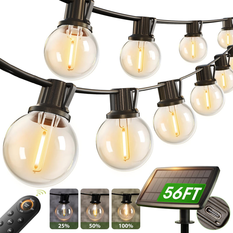 addlon 56FT(50+6) Solar String Lights Outdoor with Remote, 27 Shatterproof G40 Bulbs, Solar Powered & USB Charging Patio Lights, Dimmable Waterproof Solar String Lights for Outside, Camping, Backyard 50FT