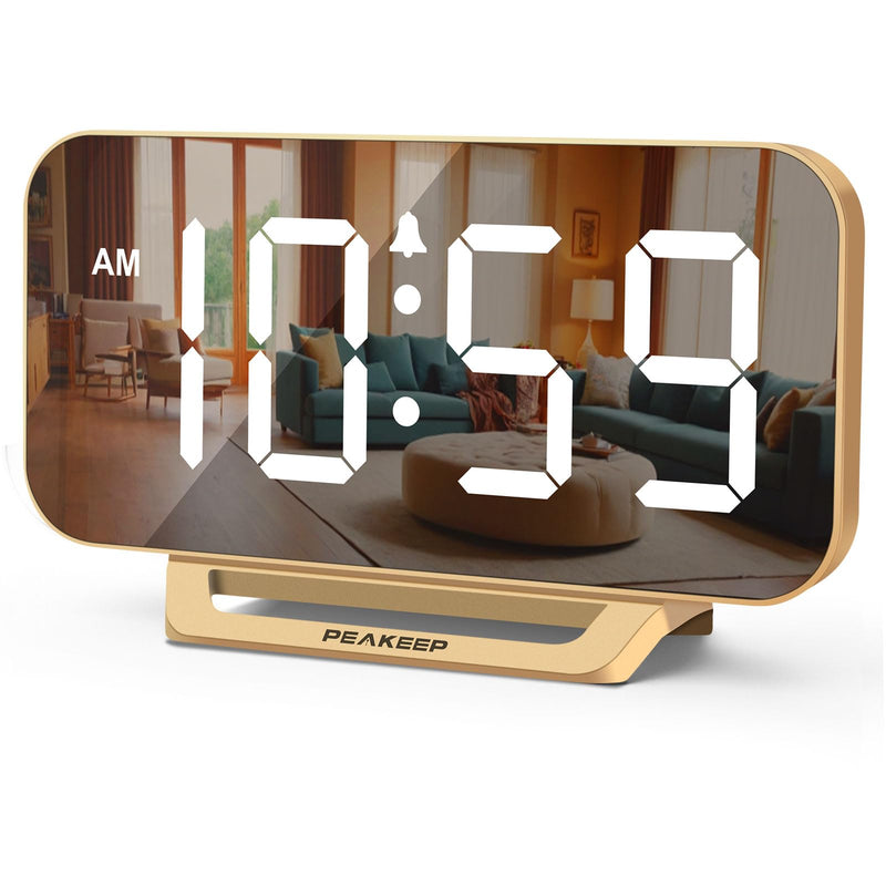 Peakeep Slim Digital Mirror Aesthetic Alarm Clock for Bedrooms Desk Decor - Plug in Electric Big LED Modern Small Clock for Office Living Room, Battery Backup, 6 Dimmers (Gold) Gold With Mirror