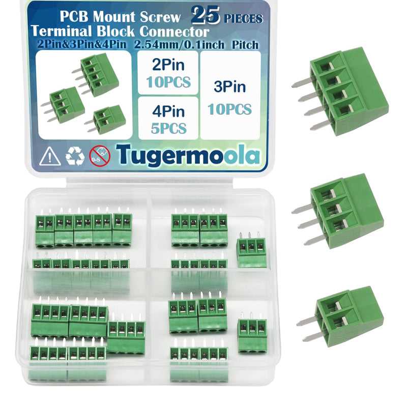 25PCS 2.54mm/0.1inch Pitch PCB Mount Screw Terminal Block Connector 2Pin 3Pin 4Pin Circuit Board Connectors PCB Wiring Terminals OLA009-25 25PCS KIT(2P3P4P)