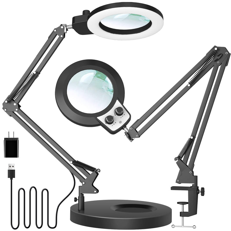 KIRKAS 12X Magnifying Glass with Light and Stand, Any Color Modes & Stepless Brightness LED Magnifying Lamp with Clamp, 2-in-1 Magnifier Glass Lens Desk Lamp for Crafts Hobby Reading Close Work 12X Base & Clamp