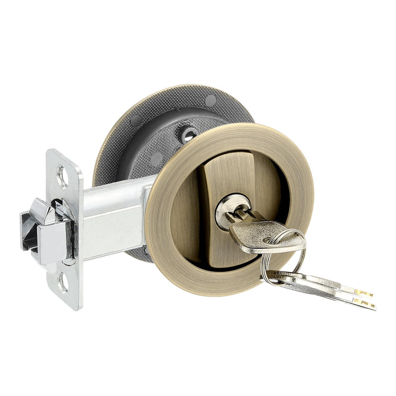 PATIKIL Round Recessed Door Lock with Keys, Pocket Door Lock Invisible Hardware Privacy Sliding Door Lock for Bathroom Bedroom Barn Door for 1-3/8" to 2" Thickness Door, Bronze