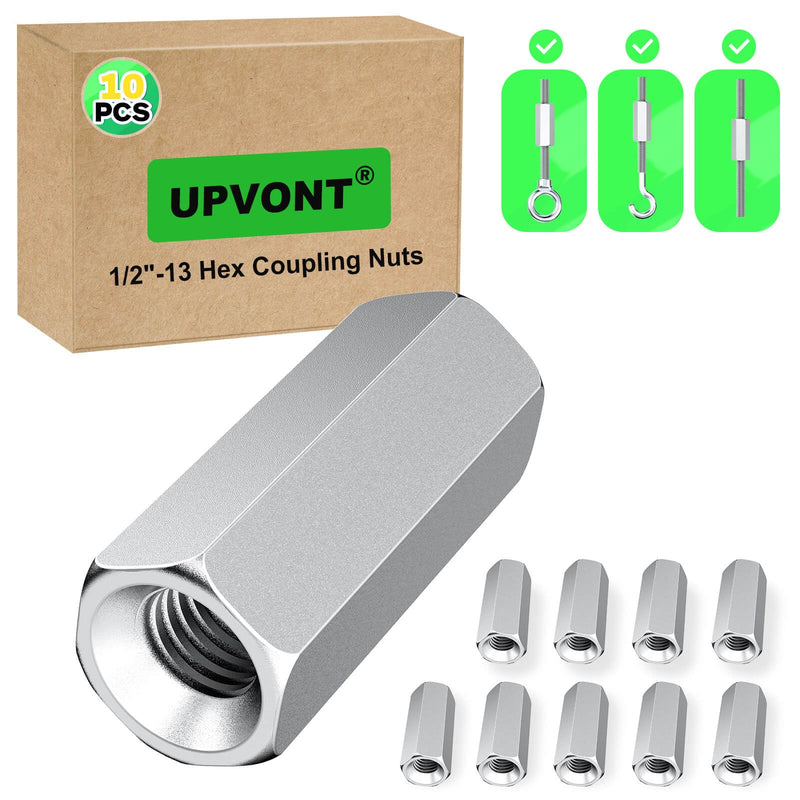 Hex Coupling Nuts, Rod Coupling Nuts 1/2"-13 UNC, 1-3/4" Length (10 PCS), Ideal for Threaded Rods & Studs, 1.75-Inch Length with Zinc Plating (10 PCS) 10