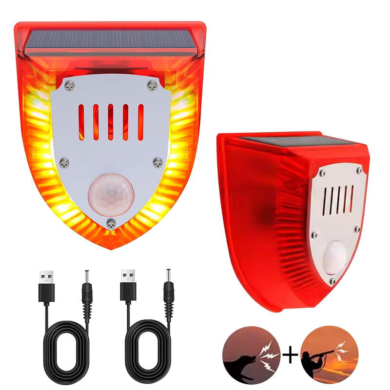 Solar Outdoor Motion Sensor Alarm - Dog Barking&Gunshot Sound 129db, Light Strobe Light Warning Lamp with USB, Motion Detector Noise Maker Warning Lamp for Home, Villa, Farm, Barn, Yard (2 Pack) Induction & Dog Gun 2PCS