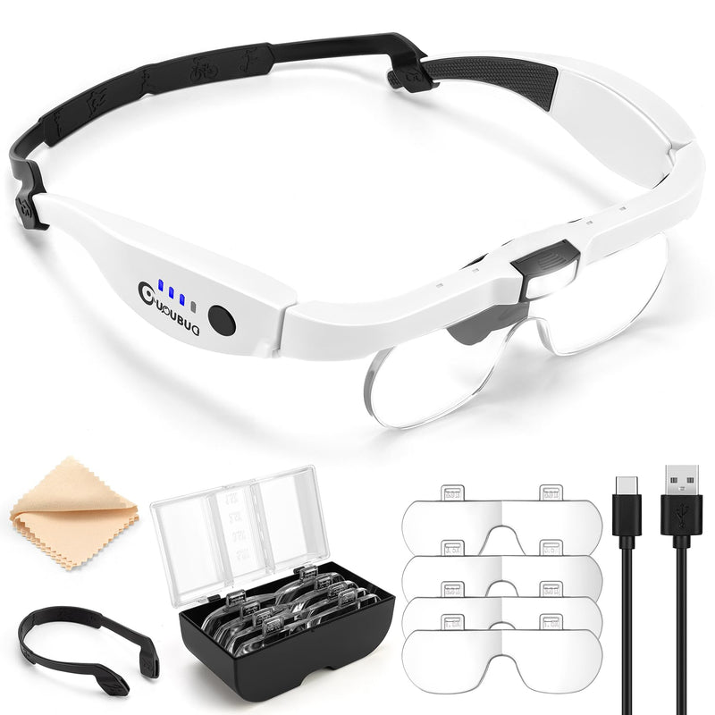 Magnifying Glass with Light, 1.5X-5.0X Magnifying Glasses, Rechargeable Magnifier Headset with Light, Head Magnifier with 4 Detachable Lenses, Magnify Glasses for Close Work Crafts Jewelry White Magnifying Glass With Light
