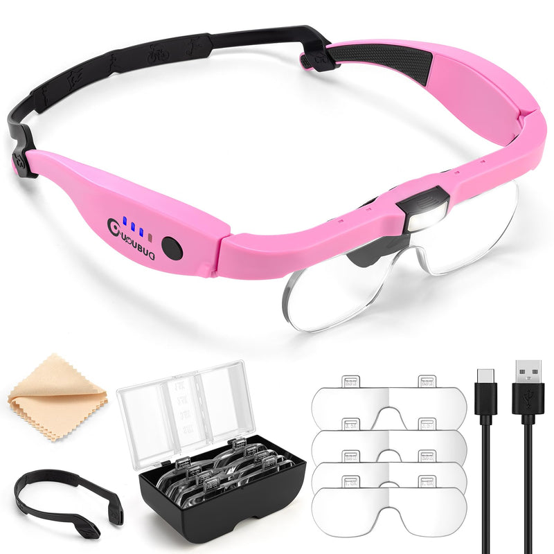 Magnifying Glass with Light, 1.5X-5.0X Magnifying Glasses, Rechargeable Magnifier Headset with Light, Head Magnifier with 4 Detachable Lenses, Magnify Glasses for Close Work Crafts Jewelry Pink Magnifying Glass With Light