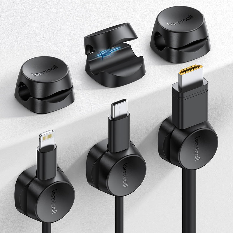 Cord Organizer [1s Lock] Spring Cable Holder Clips - Lamicall 6Pack Desk Cable Management Clips, Phone Charger Cord [Smooth Adjustable], Adhesive Wire Organizer Keeper for Nightstand Wall Car Office Black