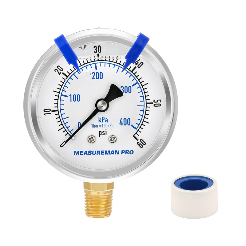 MEASUREMAN PRO 2.5'' Glycerin Filled Pressure Gauge, 0-60psi/kpa, 304 Stainless Steel Case, 1/4" NPT Lower Mount,for Pool Sand Filter, Water Pump, Propane, Coolant, CO2, Gas Test 2.5'' (Lower Mount) 0-60 psi