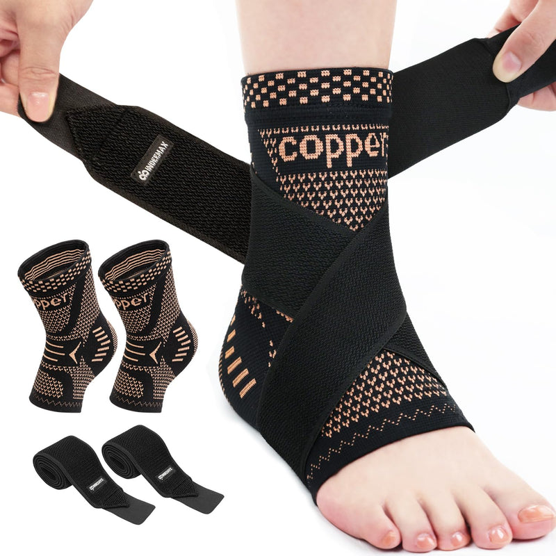 INDEEMAX Ankle Brace for Women & Men, Ankle Compression Sleeve Support Copper Infused Ankle Brace for Sprained Ankle, Plantar Fasciitis Sports, Achilles Tendonitis Pain Relief, Copper Black, M Medium