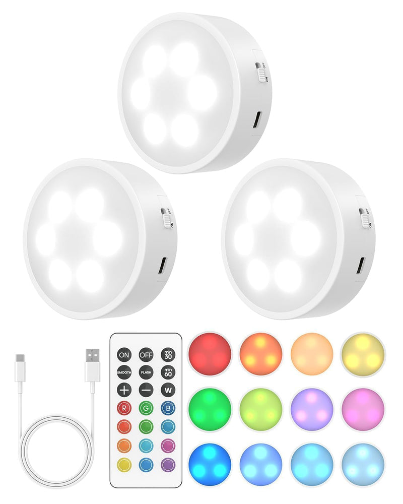 Puck Lights with Remote, 13 RGB Colors LED Under Cabinet Lights, Rechargeable Baterry Operated Under Cabinet Lighting Tap Lights, Stick on Lights with Dimmer and Timer（3 Pack） Multicolor 3 Pack