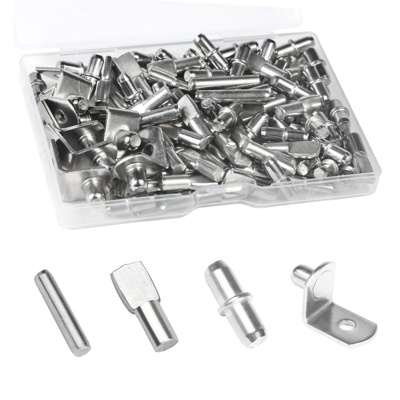 108 Pcs Shelf Pins Kit, Metal Nickel Plated Shelf Support Pin, Bookshelf Pegs Cabinet Shelf Bracket Pegs Shelf Pins Holders for Kitchen Furniture & Closet 4 Styles ( 5mm & 1/4inch ) 108Pcs Shelf Pins Kit
