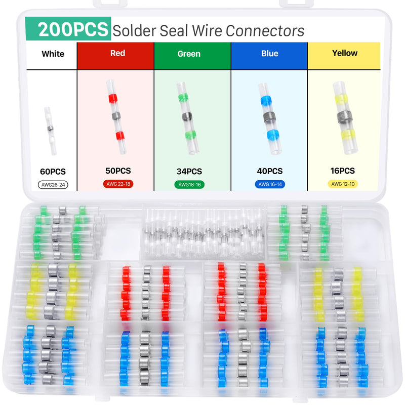 200PCS Solder Seal Wire Connectors Kit, Upgraded Heat Shrink Butt Wire Connectors, Waterproof Electrical Butt Splice Wire Terminals for Marine Automotive Trailer RV Boat Truck Wiring