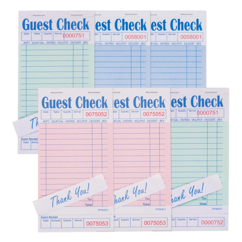 Guest Checks Note Pads - 6 Pack, 300 Sheets, Thick Paper, 3 Assorted Colors, 3.5'' x 6.75'' (EP-3632-1)