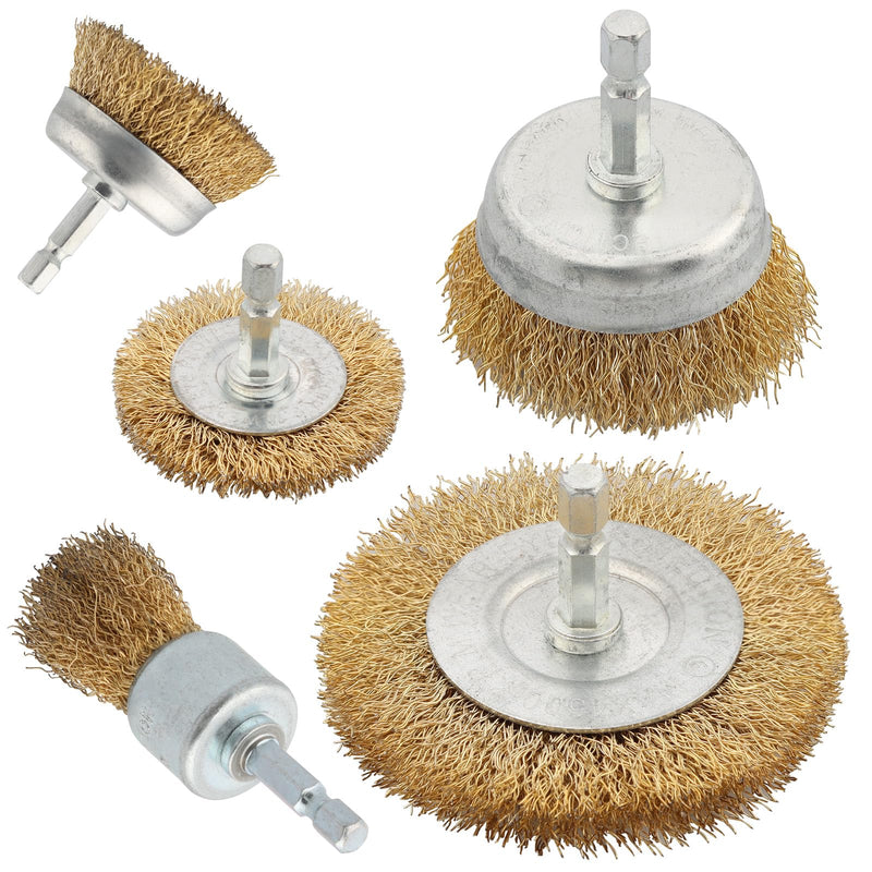 5 Pcs Wire Brush for Drill Set, Brass Wire Wheel for Drill, 1/4 Inch Hex Shank, Wire Brushes for Cleaning Rust for Drill Set for 5Psc