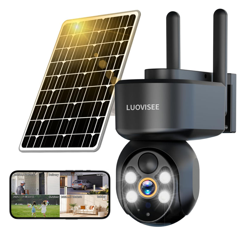 2K Solar Security Camera Wireless Outdoor,WiFi Cameras for Home Security Battery-Powered,Compatible with Alexa,360°PTZ Full Color Night Vision,PLR Alarm,2-Way Audio,Cloud/SD Storage 1PACK