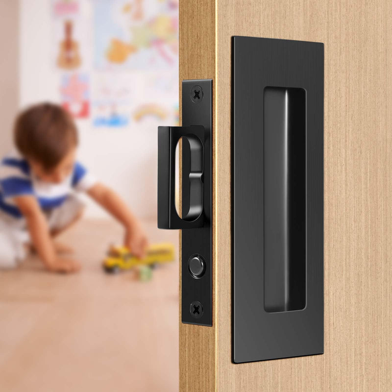 6-Inch Pocket Door Hardware Set - Complete 304 Stainless Steel Kit with Pop-Out Ring Pocket Door Handle, Edge Pull,Door Thickness Minimum 1 7/14 inches Black