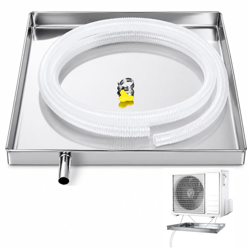 Air Conditioner Drip Pan 16 Inch Stainless Steel External Unit Water Tray with 6.5 Feet Drain Hose and Clamp Universal Ac Drain Pan for Portable and Outdoor Air Conditioning Units Silver 40.00X40.00X3.50CM