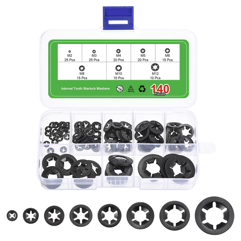 uxcell 140Pcs Internal Tooth Washers Assortment Kit, 65Mn Tooth ing Ring Washers Quick Speed Nut ing Fastener, 8 Size, Black 140