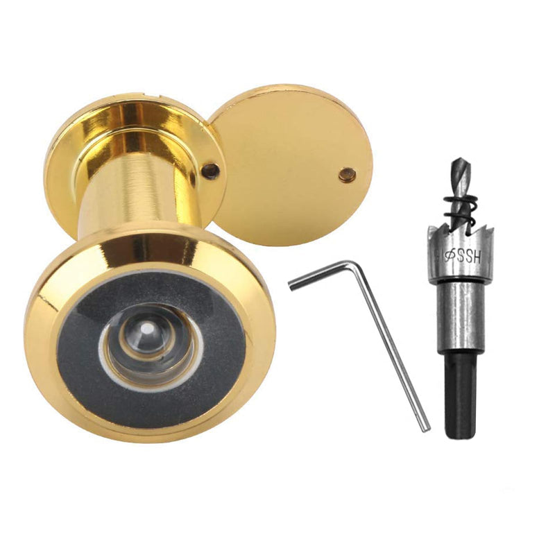 Door Viewer with 16mm Drill Bit, Solid Brass Peephole 200-degree View, Peep Holes with Heavy Duty Privacy Cover for 1-3/8" to 2-1/6" Doors for Home Office Hotel, Gold