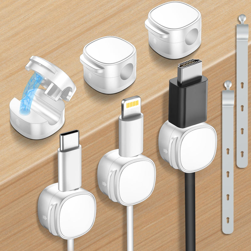 𝟖 𝐏𝐚𝐜𝐤,Magnetic Cable Clips & Silicon Cable Ties,[Cable Smooth Adjustable Under Desk Organizer],Cable Management,Cord Holder-Desk Stand Cable Organizer Holding,Adhesive for Home Cable Keeper White