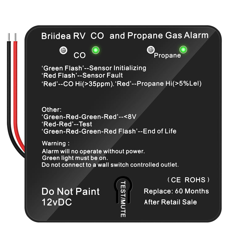 RV Carbon Monoxide & Propane Gas Alarm, Briidea Dual LP/CO Alarm, Separate LED Indicators, 100dB Loud, Early Warning Safety System, 12 VDC, Black