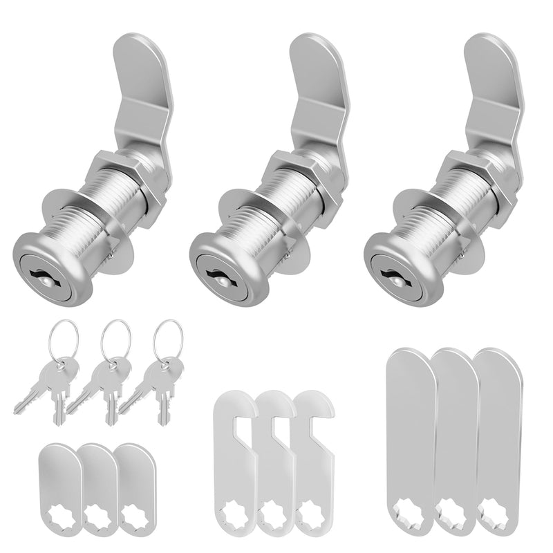 3 Pcs Cabinet Locks with Key, 1-1/2" Cabinet Lock Keyed Alike Cam Lock, Mailbox Lock Replacement Secure File Drawer Tool Box RV Storage Locks, Zinc Alloy 1-1/2 Inch 3 Pcs Silver