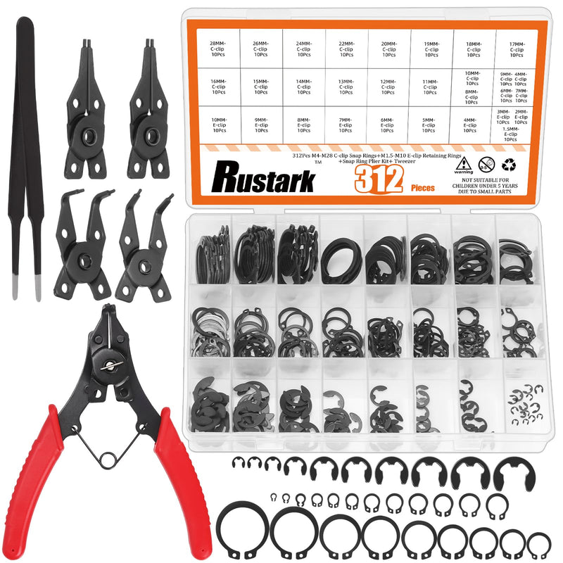 312Pcs 4 in 1 Snap Ring Pliers with M1.5-M10 Black E-Clip Circlip Retaining Rings Assortment Kit and M4-M28 C-Clip External Snap Rings Assortment Kit with Tweezers