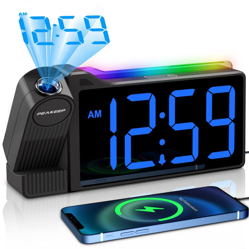 Peakeep Projection Alarm Clock for Bedroom Ceiling 180° Rotatable, Loud for Heavy Sleepers, Colorful Nightlight, 5 Brightness Dimmable Large Number Bedside Electric LED Digital Clock with USB Port Blue Digits; Blue Projection