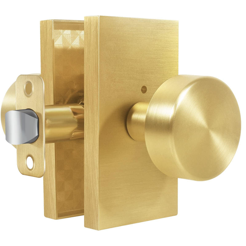 Satin Brass Zinc Alloy Privacy Door Knob with Lock, Heavy-Duty Round Handle with Rectangle Frame, Bedroom Bathroom Interior Quick Installation Lock Set, 1 Pack Satin Brass